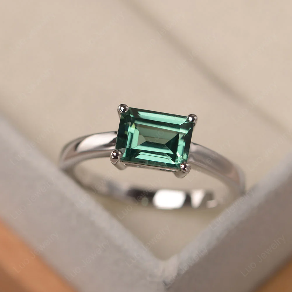 Horizontal Emerald Cut Green Sapphire Solitaire Ring