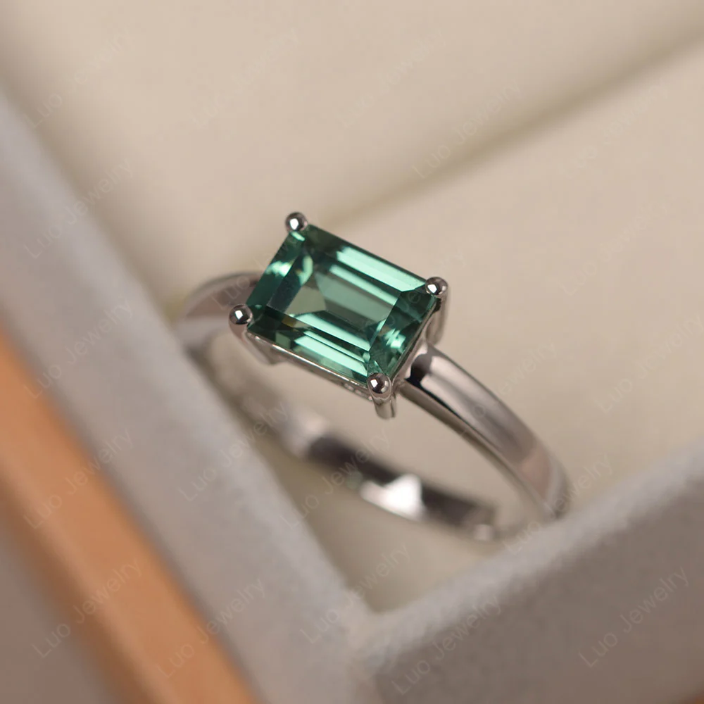 Horizontal Emerald Cut Green Sapphire Solitaire Ring - Image 2