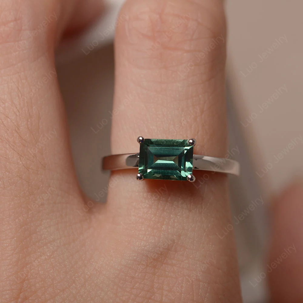 Horizontal Emerald Cut Green Sapphire Solitaire Ring - Image 5