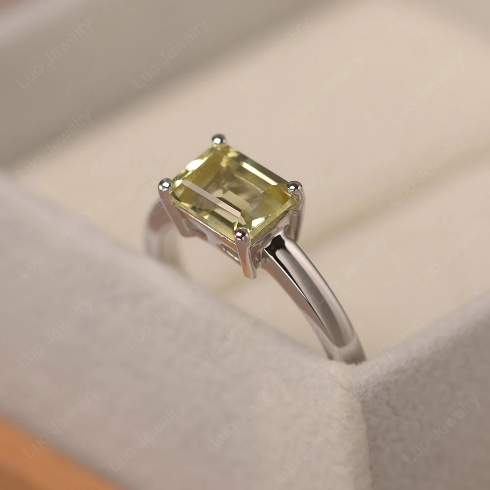Horizontal Emerald Cut Lemon Quartz Solitaire Ring - Image 2