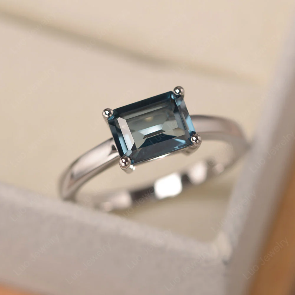 Horizontal Emerald Cut London Blue Topaz Solitaire Ring - Image 3
