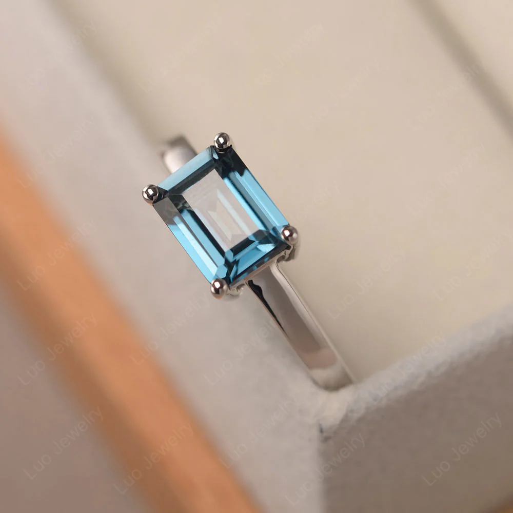 Horizontal Emerald Cut London Blue Topaz Solitaire Ring - Image 4
