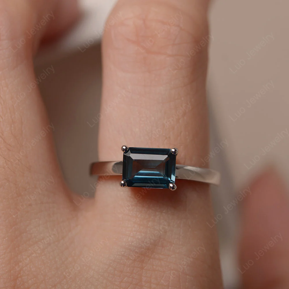 Horizontal Emerald Cut London Blue Topaz Solitaire Ring - Image 7