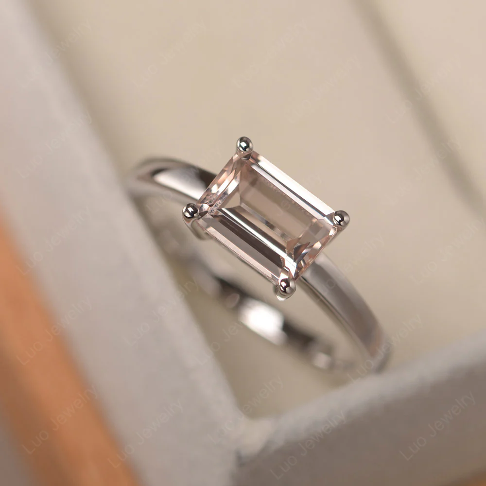 Horizontal Emerald Cut Morganite Solitaire Ring