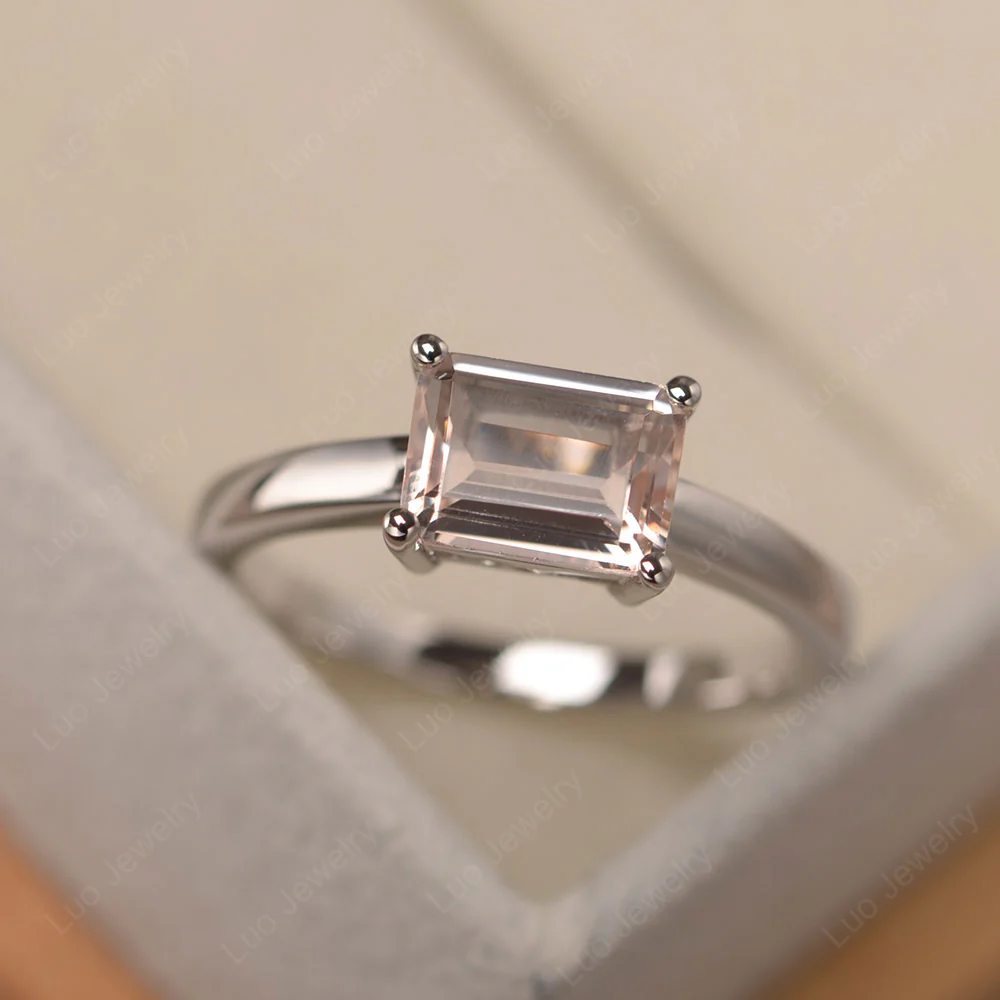 Horizontal Emerald Cut Morganite Solitaire Ring - Image 2