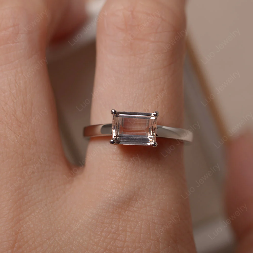Horizontal Emerald Cut Morganite Solitaire Ring - Image 6