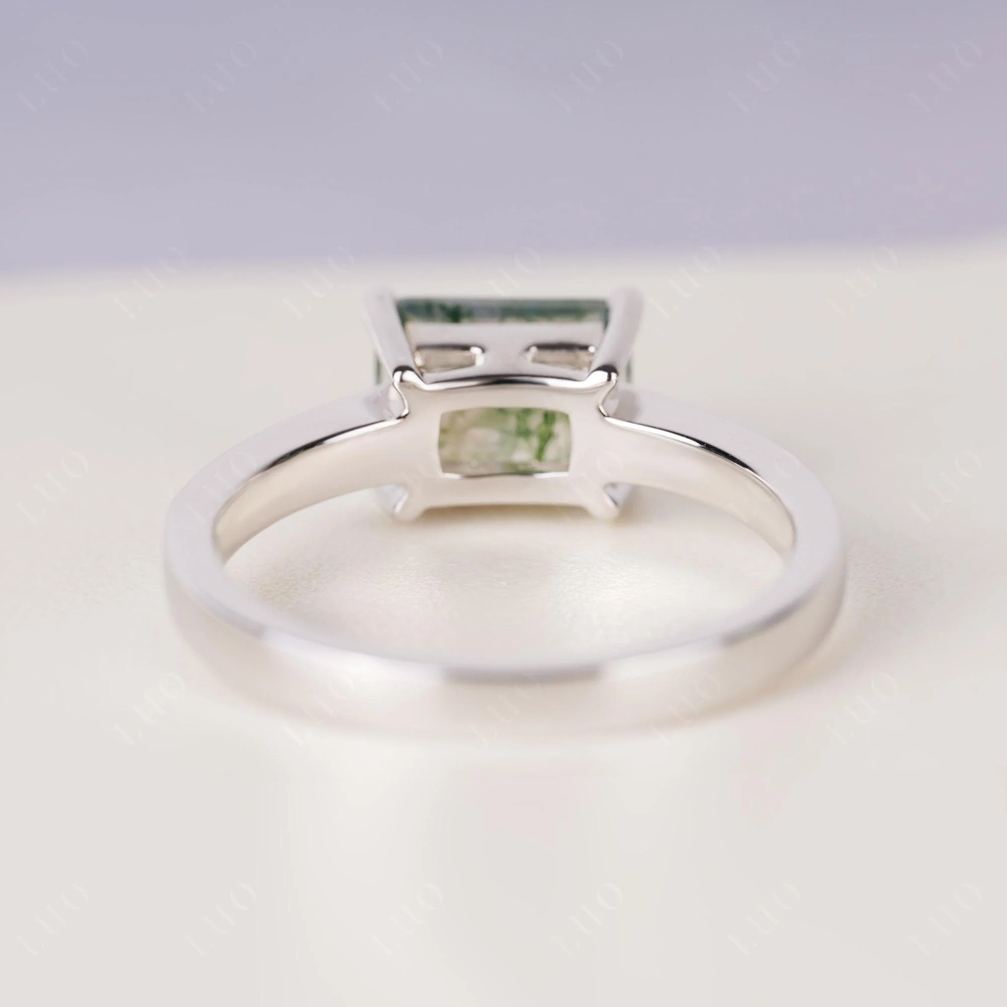 Horizontal Emerald Cut Moss Agate Solitaire Ring - Image 3