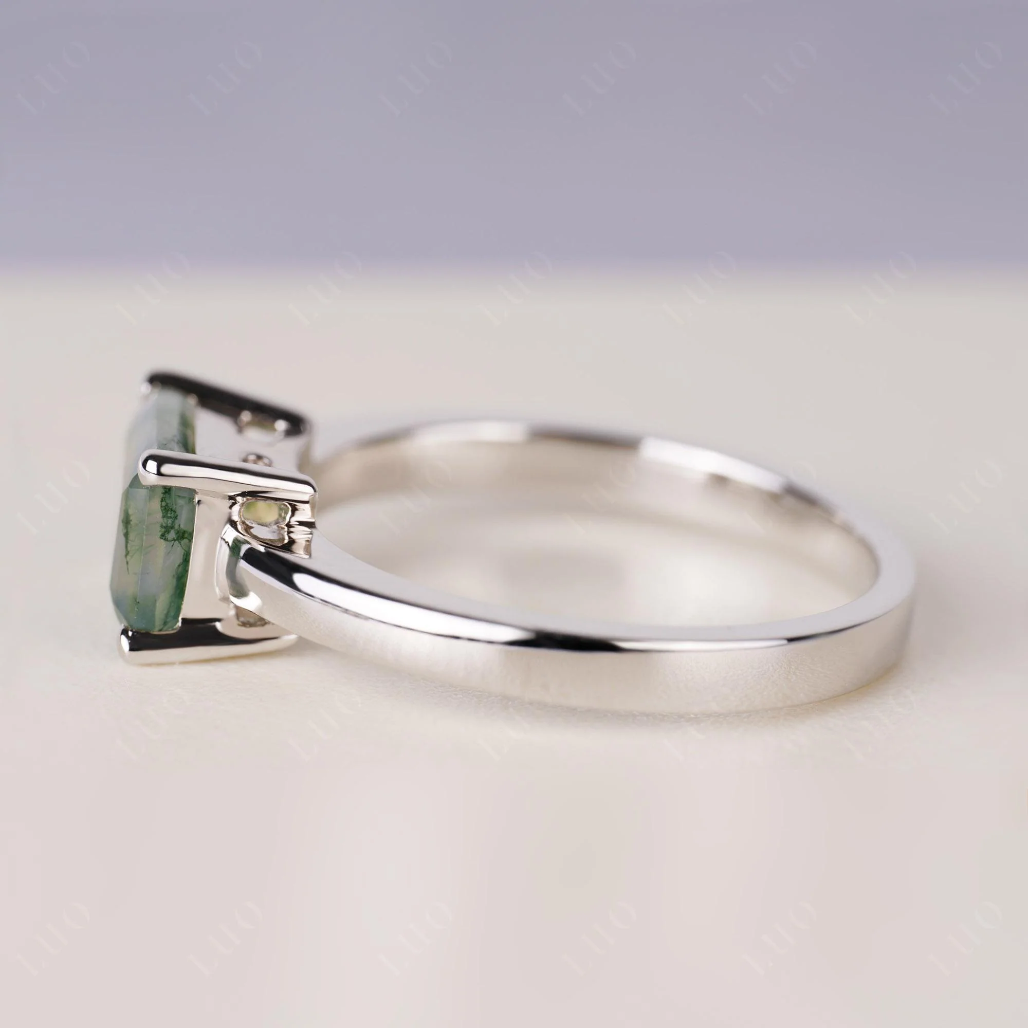 Horizontal Emerald Cut Moss Agate Solitaire Ring - Image 4