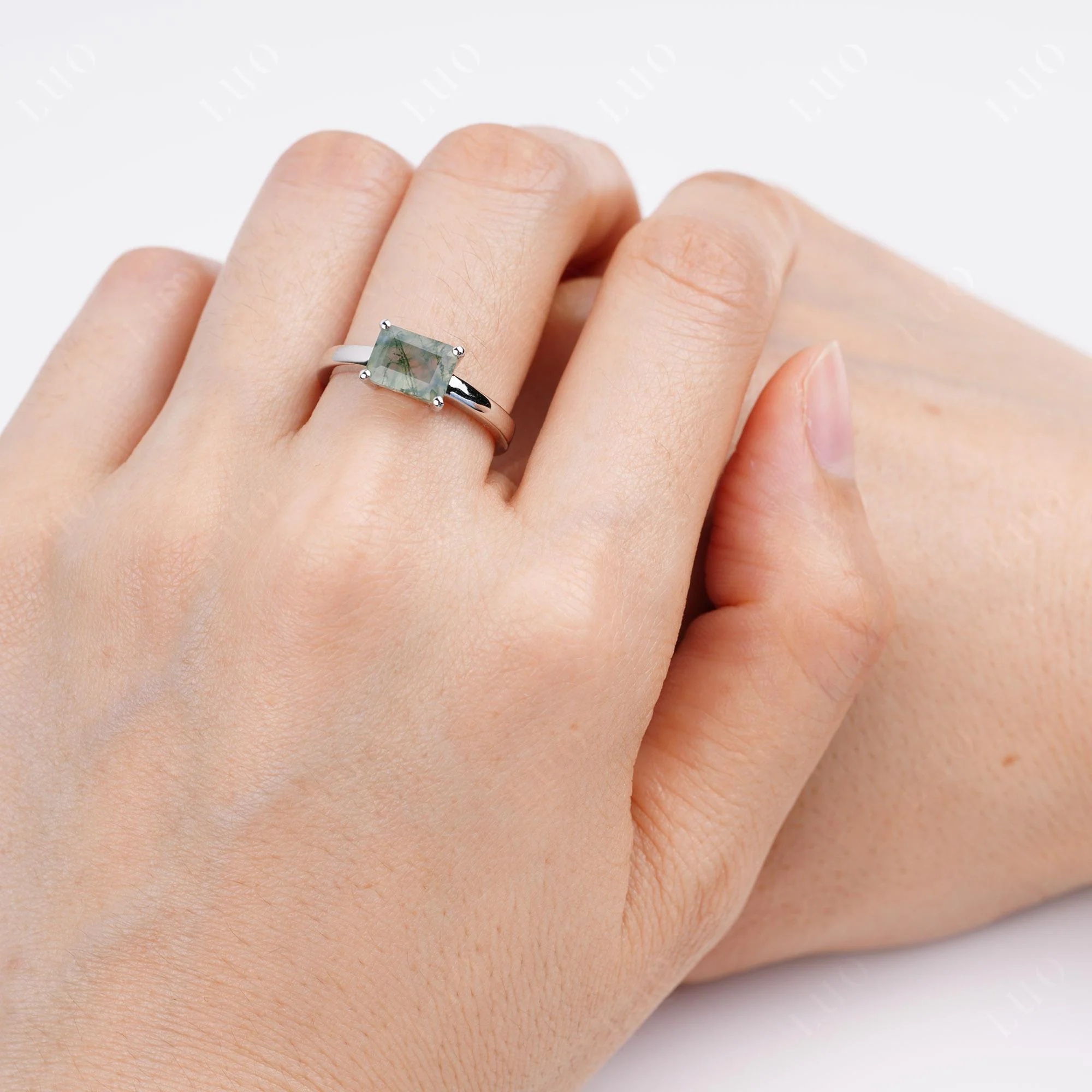 Horizontal Emerald Cut Moss Agate Solitaire Ring - Image 5