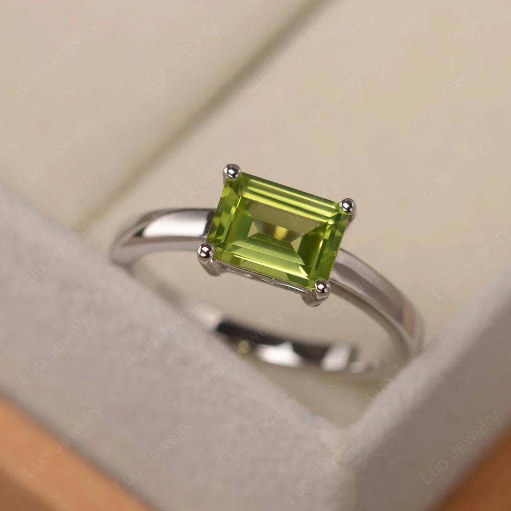 Horizontal Emerald Cut Peridot Solitaire Ring