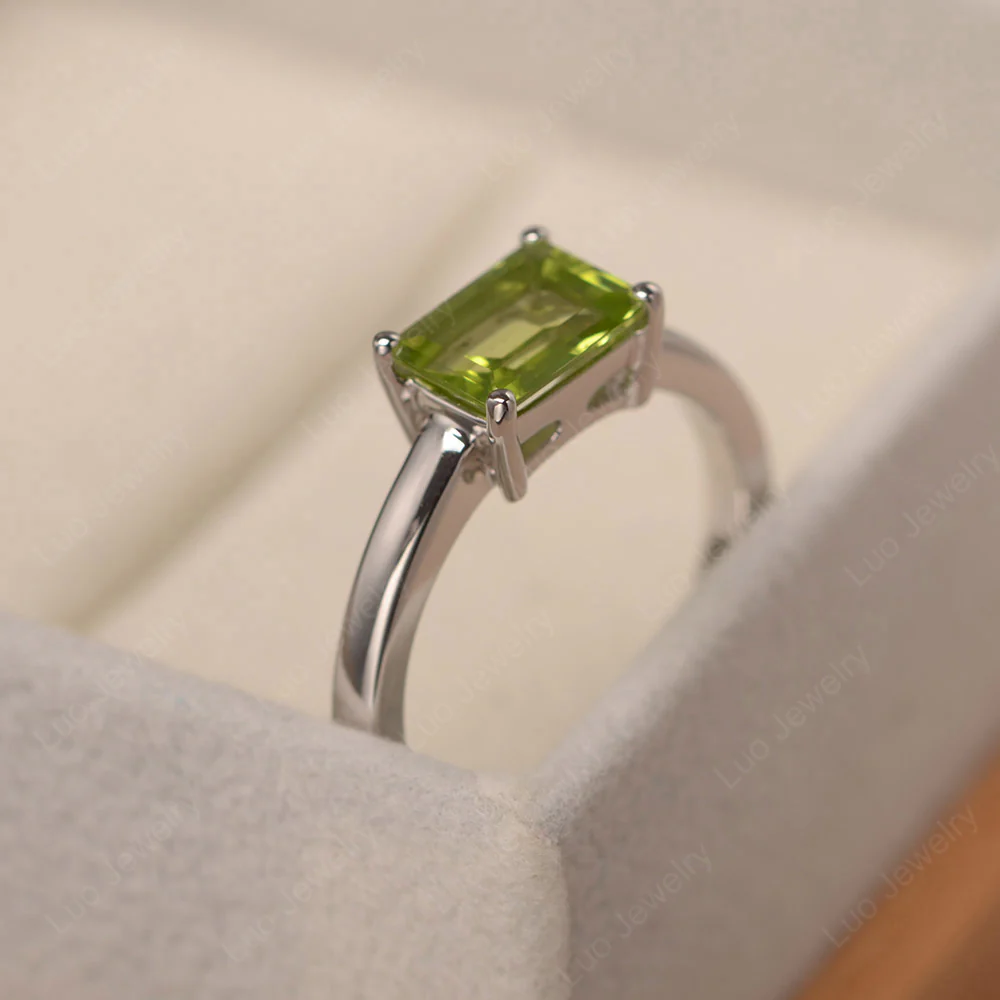 Horizontal Emerald Cut Peridot Solitaire Ring - Image 4