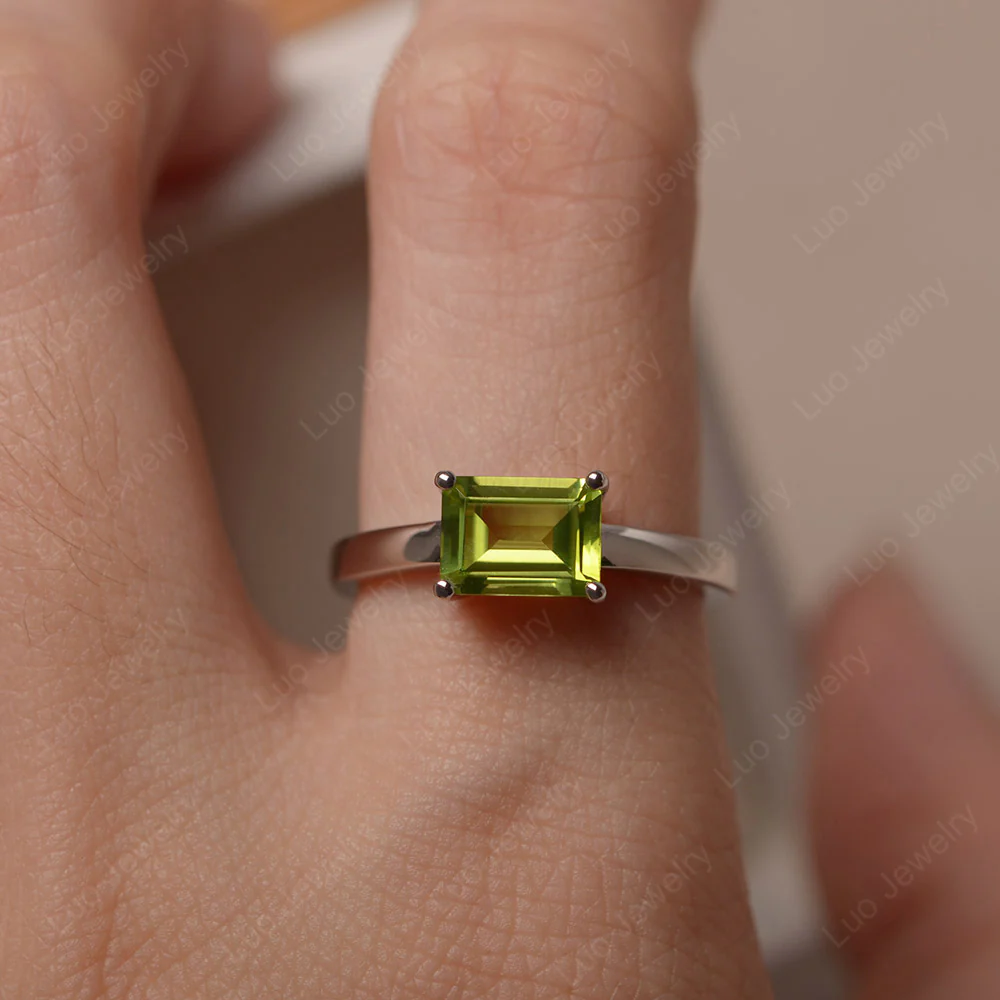 Horizontal Emerald Cut Peridot Solitaire Ring - Image 7