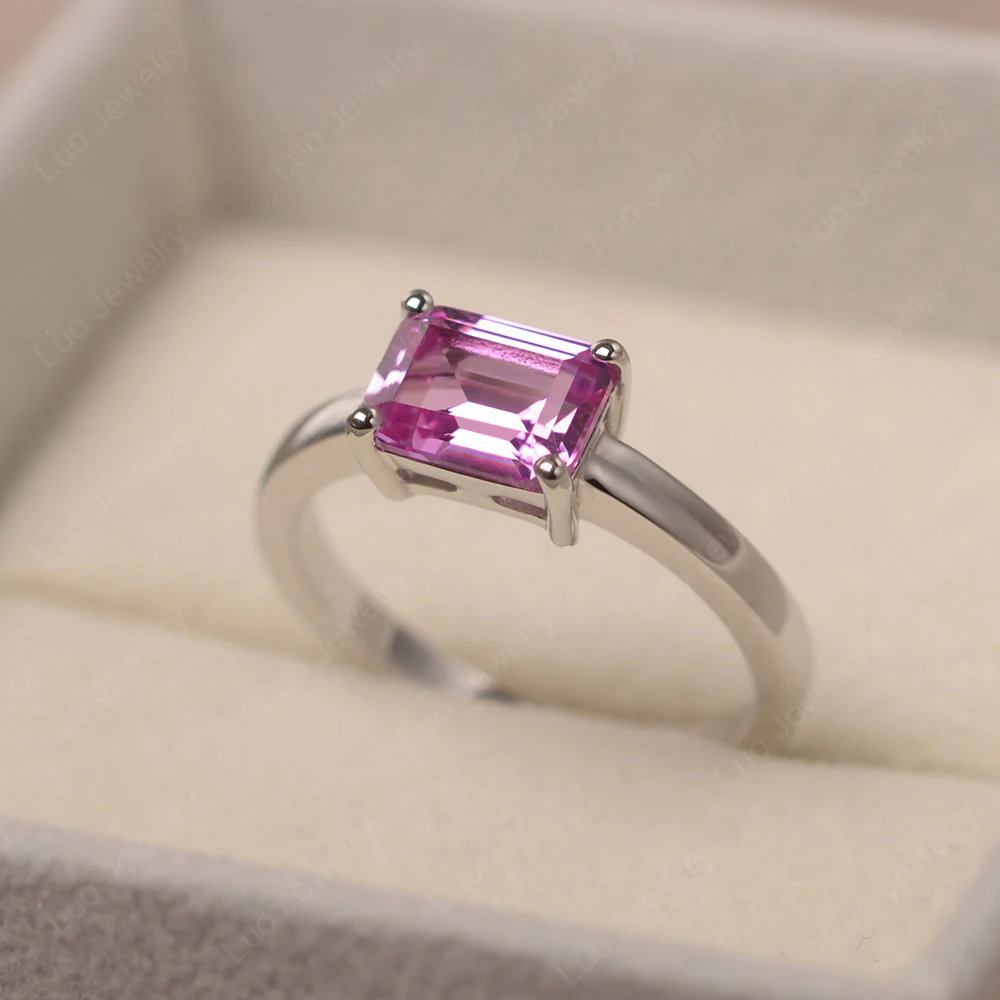 Horizontal Emerald Cut Pink Sapphire Solitaire Ring - Image 3