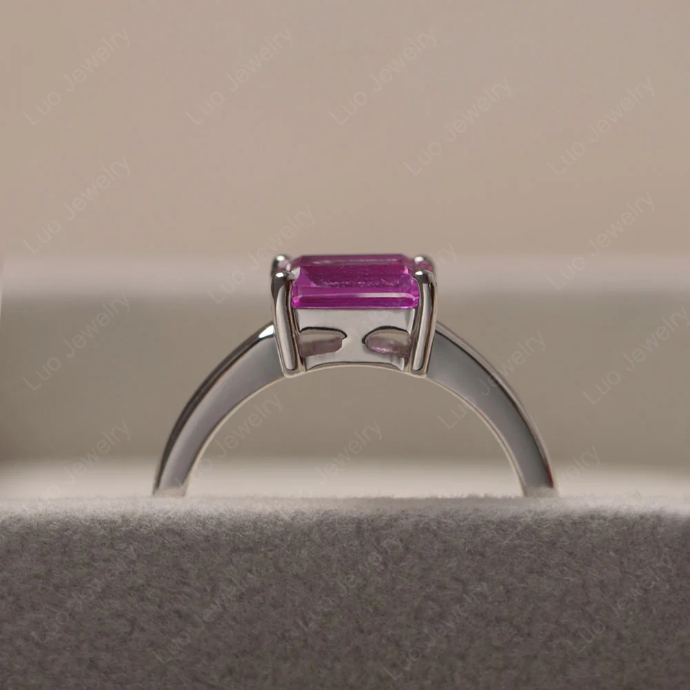 Horizontal Emerald Cut Pink Sapphire Solitaire Ring - Image 5