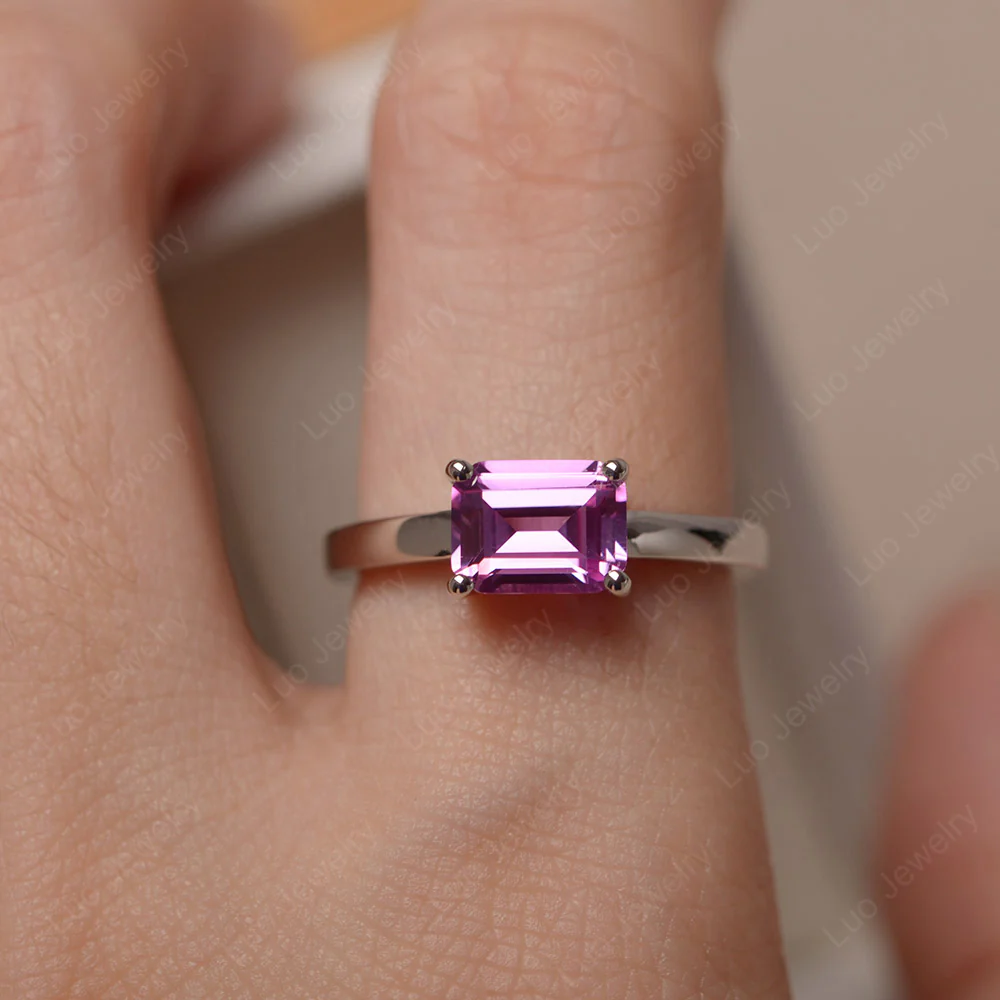 Horizontal Emerald Cut Pink Sapphire Solitaire Ring - Image 6