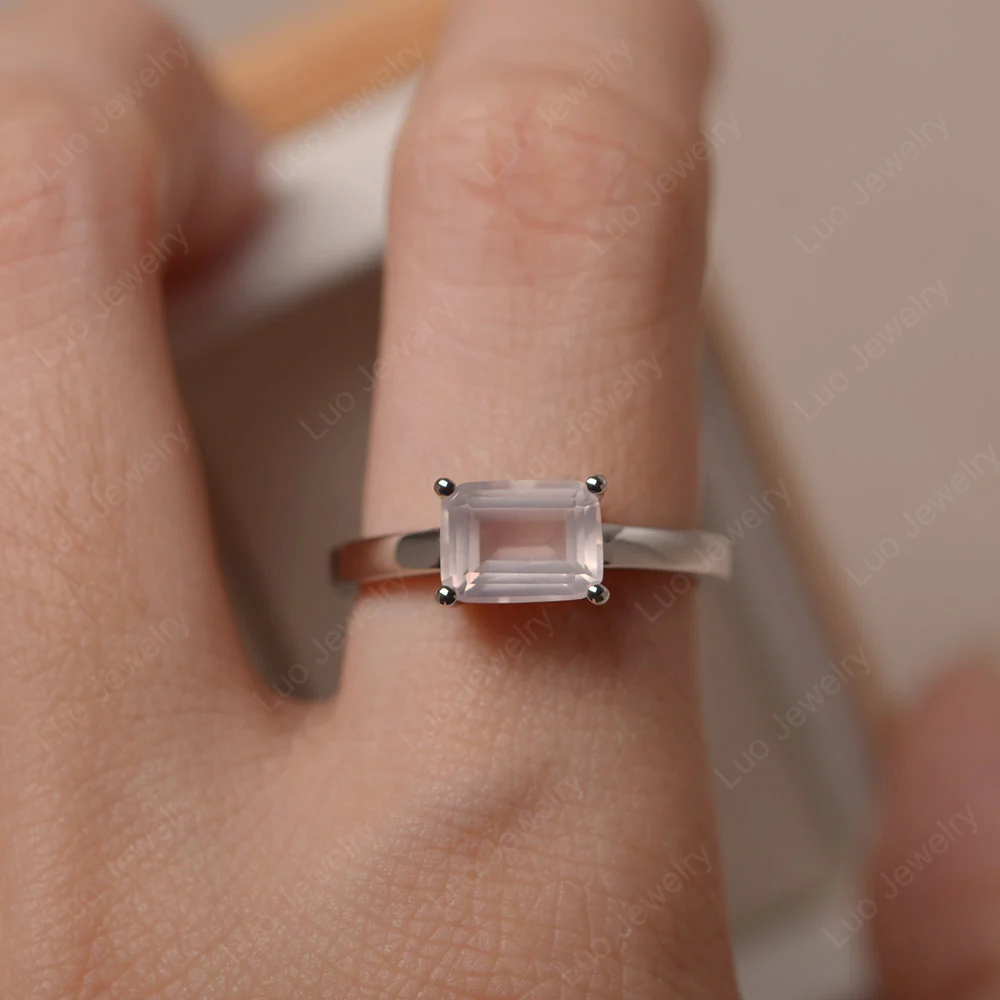 Horizontal Emerald Cut Rose Quartz Solitaire Ring - Image 5