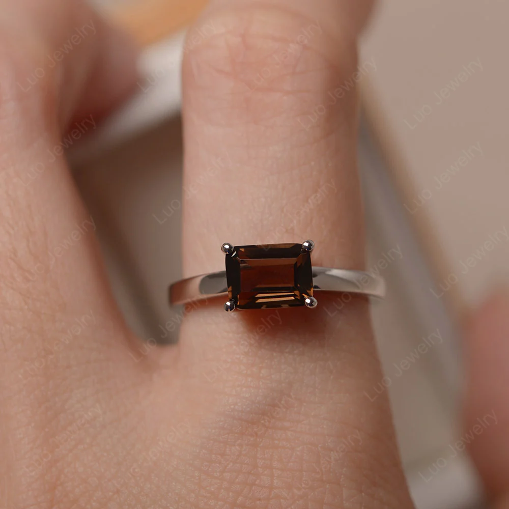 Horizontal Emerald Cut Smoky Quartz Solitaire Ring - Image 5