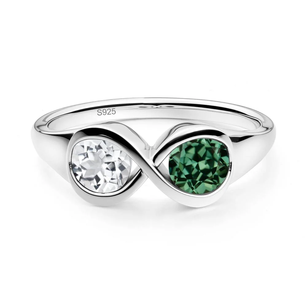 Infinity Toi Et Moi Green Sapphire and White Topaz Ring