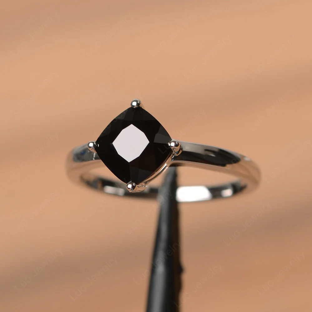 Kite Set Cushion Cut Black Spinel Solitaire Ring