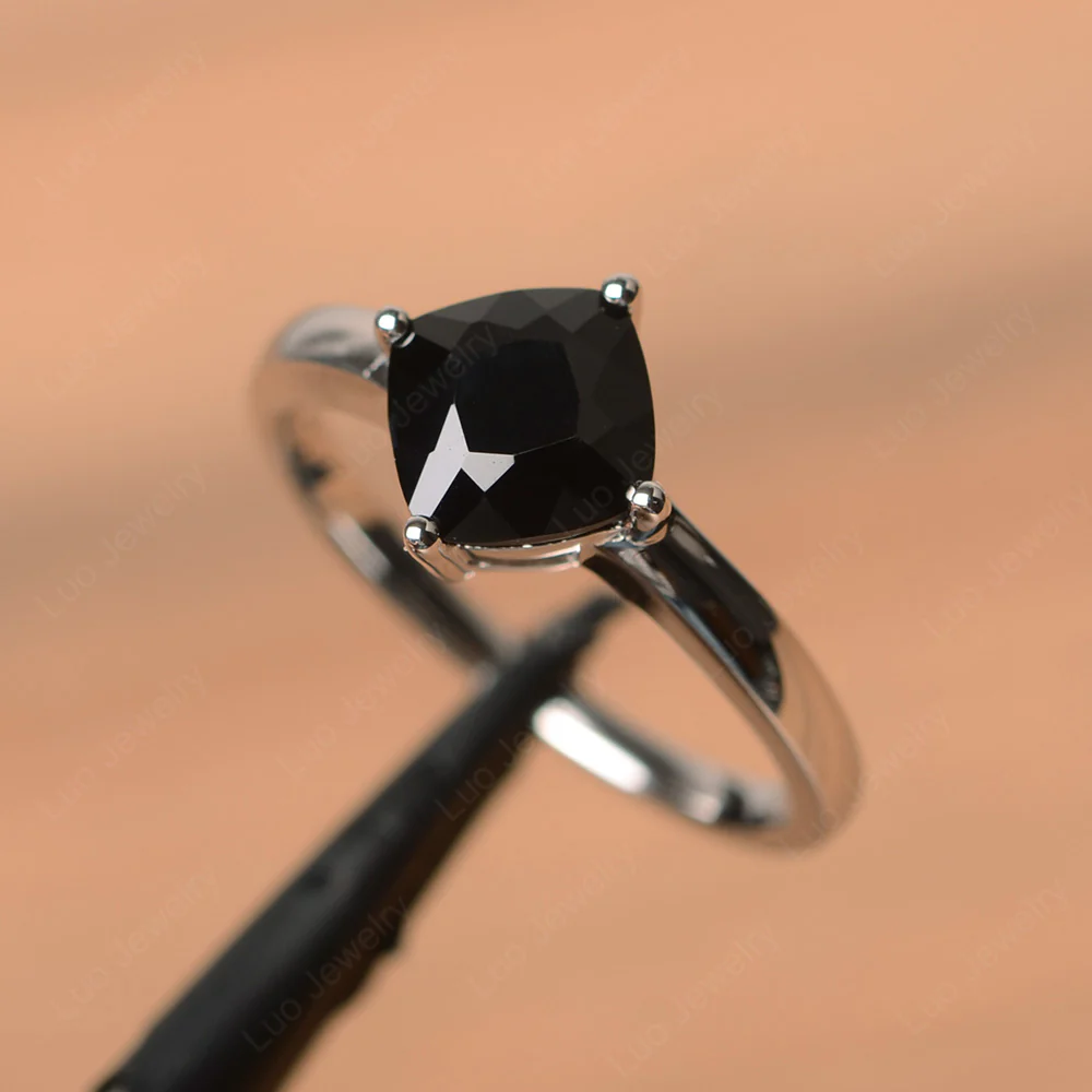 Kite Set Cushion Cut Black Spinel Solitaire Ring - Image 2