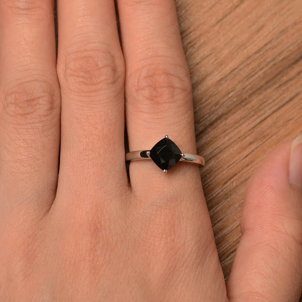 Kite Set Cushion Cut Black Spinel Solitaire Ring - Image 4
