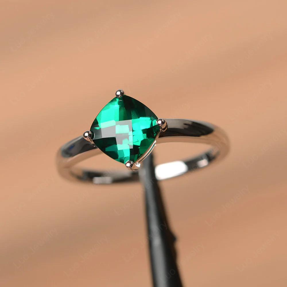 Kite Set Cushion Cut Emerald Solitaire Ring