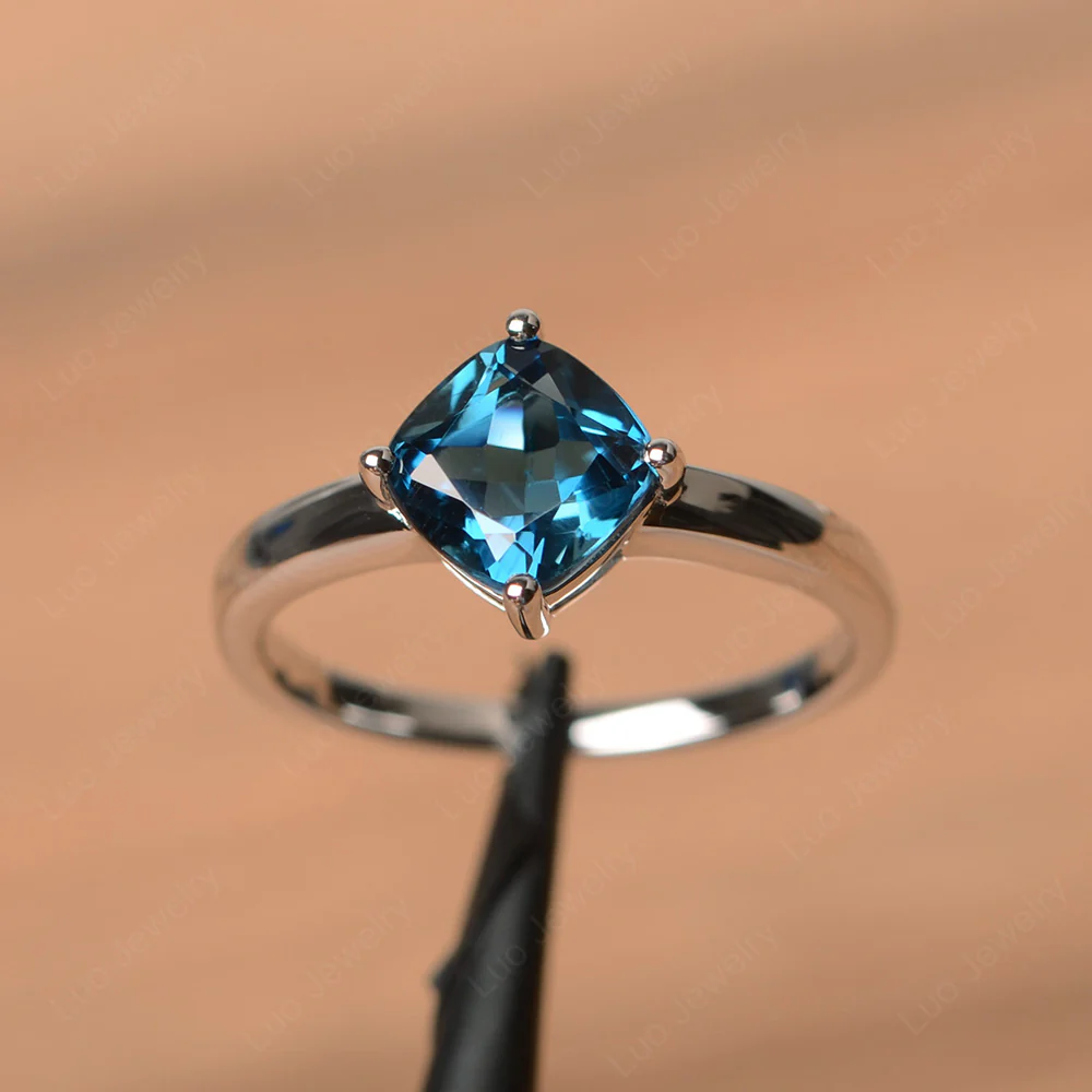 London Blue Topaz Cushion Cut Solitaire Ring