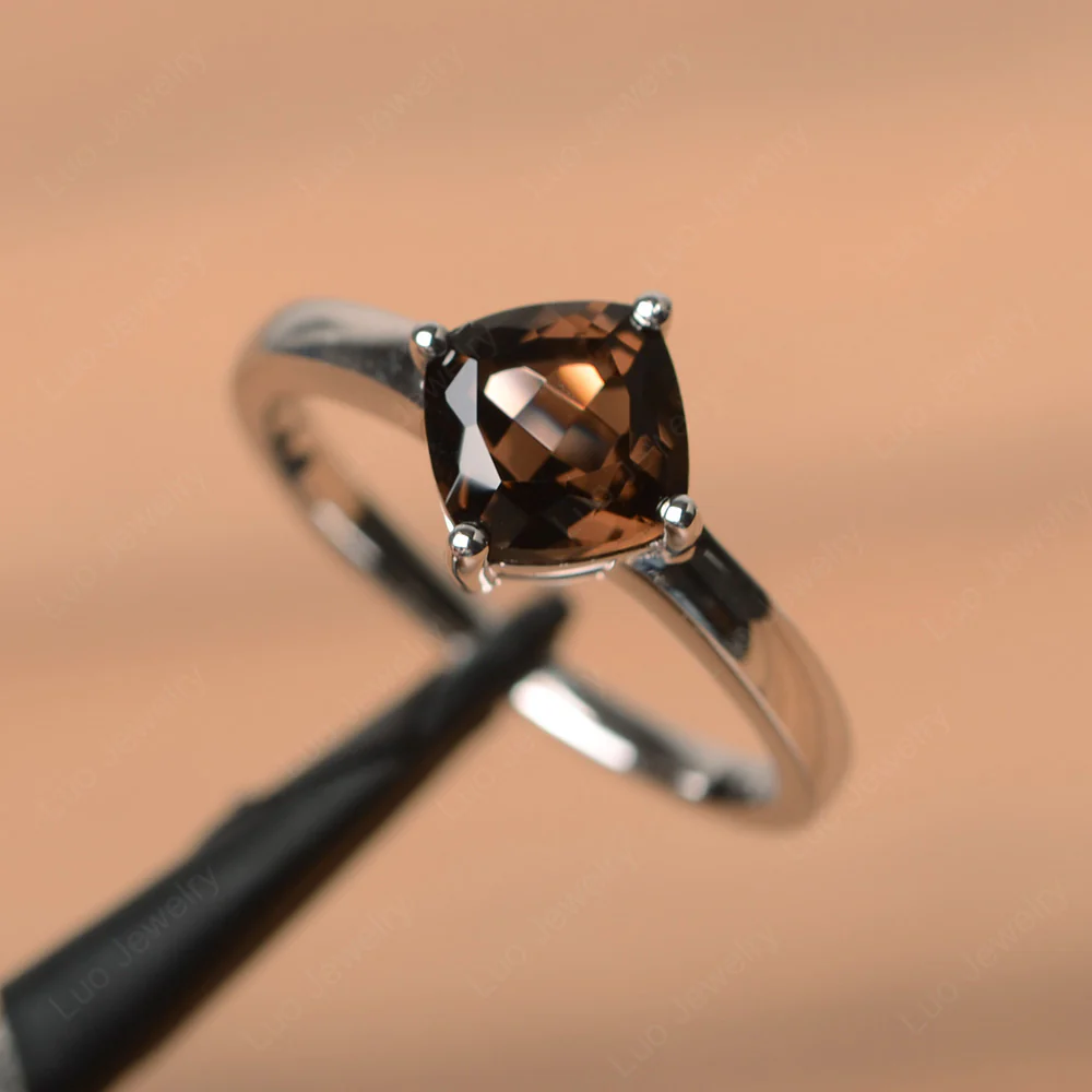 Kite Set Cushion Cut Smoky Quartz Solitaire Ring - Image 2
