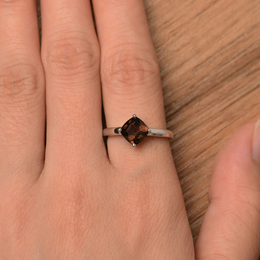 Kite Set Cushion Cut Smoky Quartz Solitaire Ring - Image 4