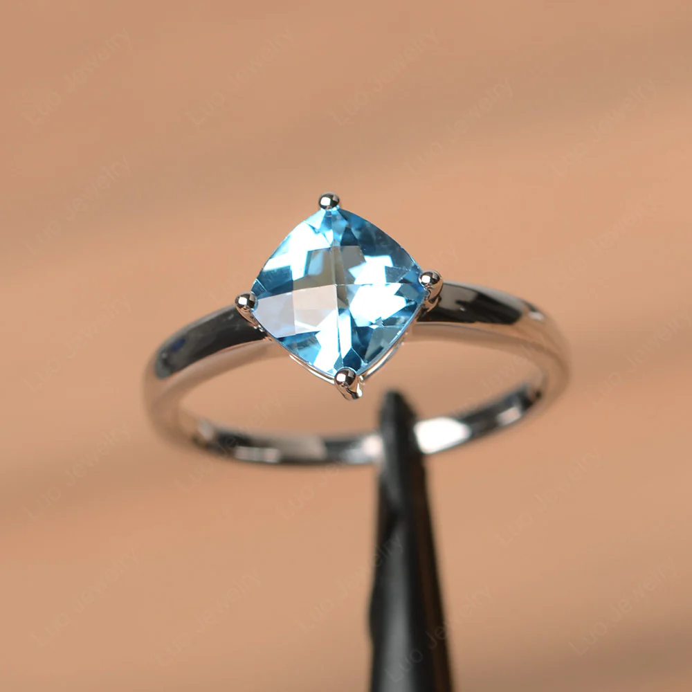 Swiss Blue Topaz Cushion Cut Solitaire Ring - Image 2