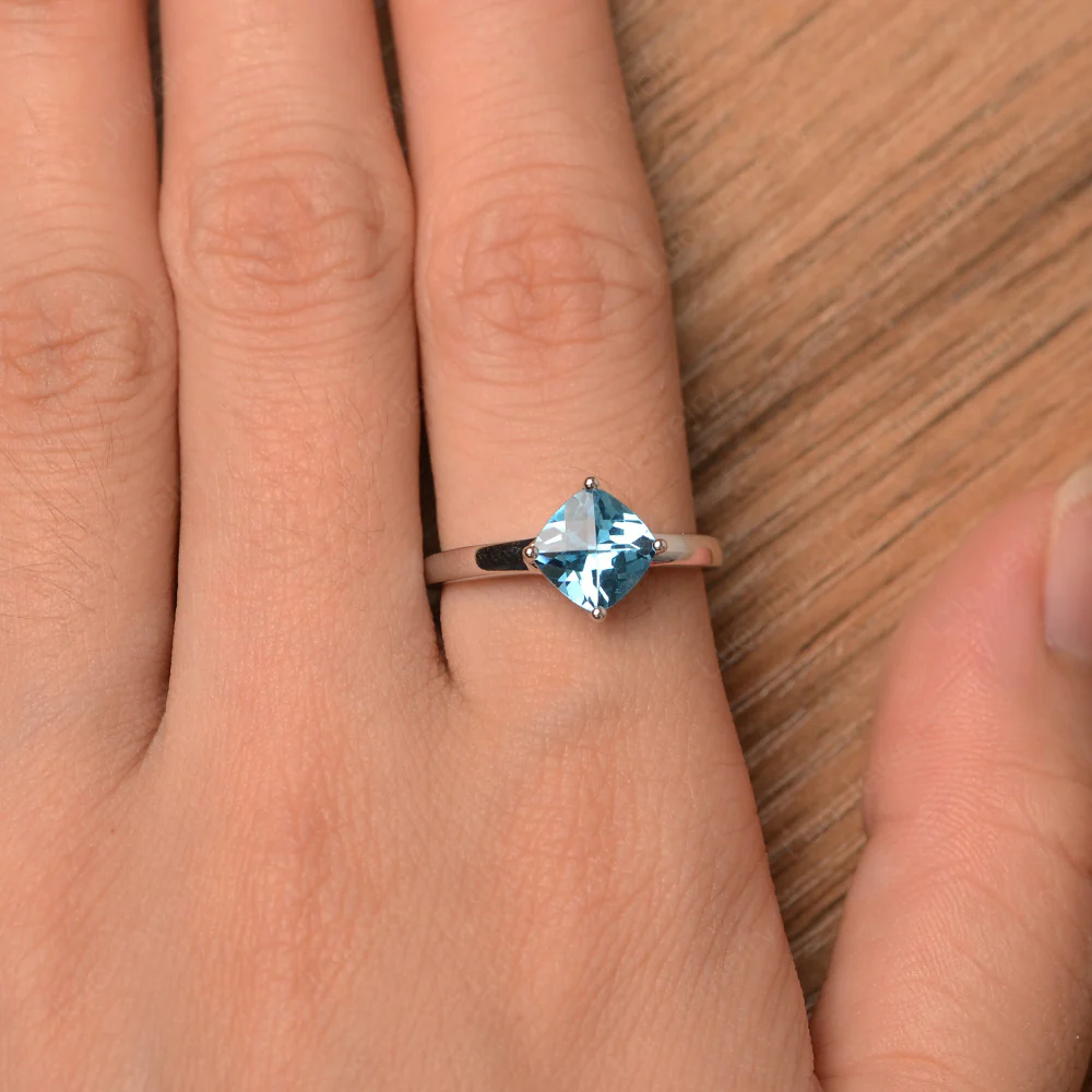 Swiss Blue Topaz Cushion Cut Solitaire Ring - Image 4
