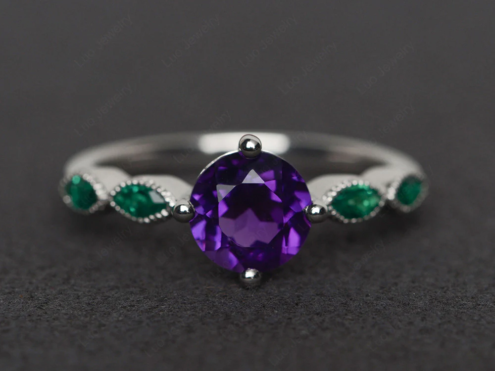Kite Set Round Amethyst Engagement Ring