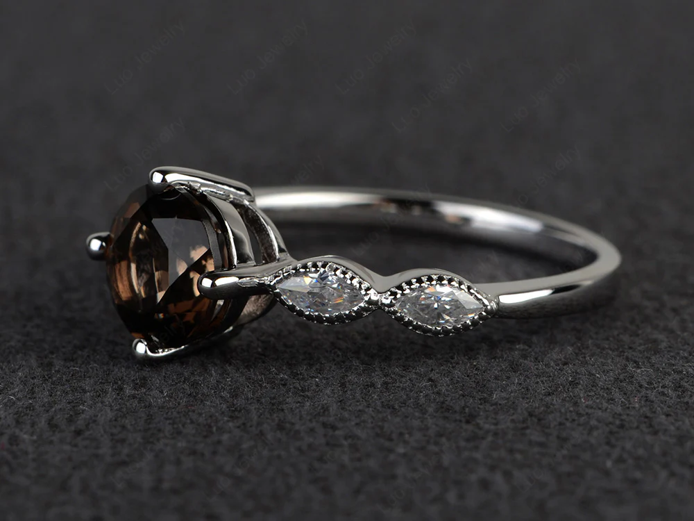 Kite Set Round Smoky Quartz Engagement Ring - Image 2
