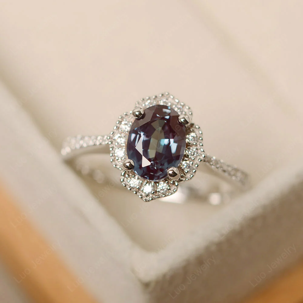 Milgrain Halo Alexandrite Engagement Ring