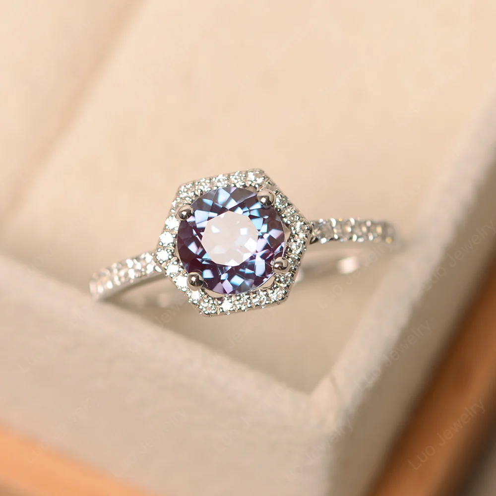 Alexandrite Hexagon Halo Engagement Ring - Image 2