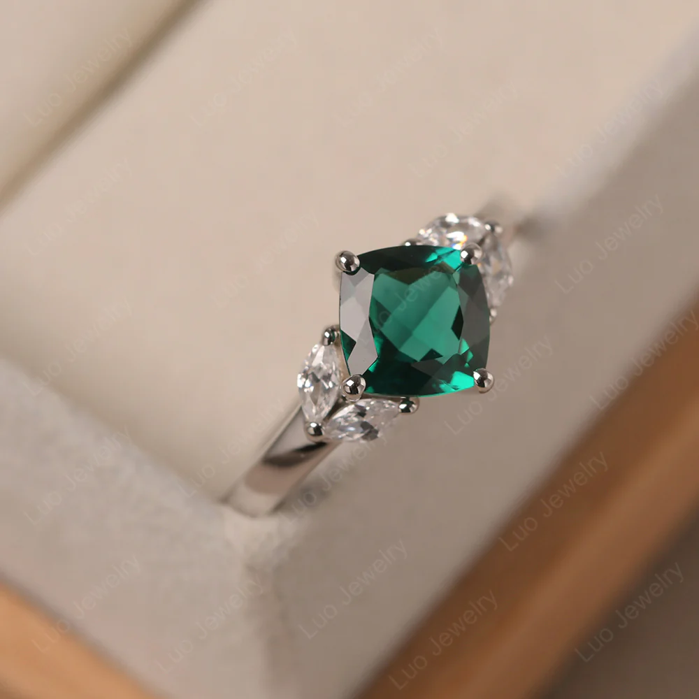 Emerald Kite Set Cushion Engagement Ring - Image 2