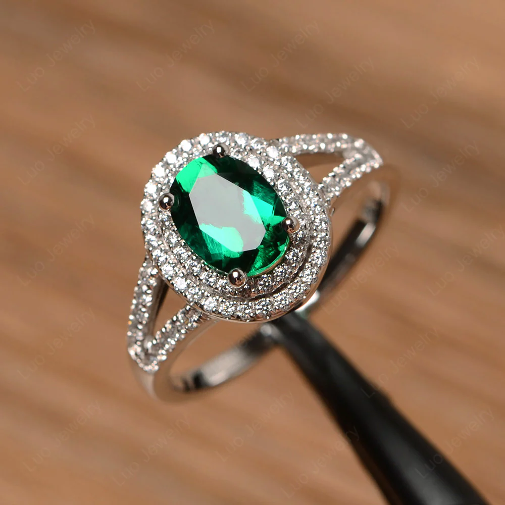 Emerald Double Halo Oval Engagement Ring