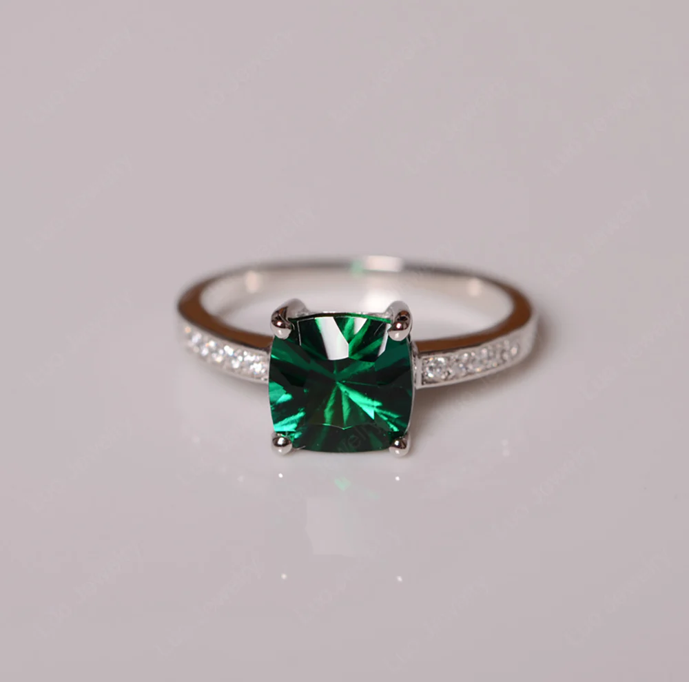 Simple Cushion Cut Emerald Promise Ring - Image 3