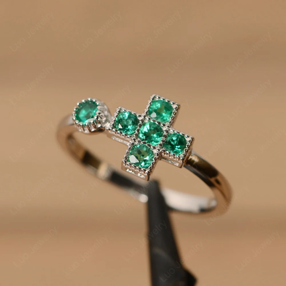 Emerald 6 Stones Cross Mothers Ring - Image 2