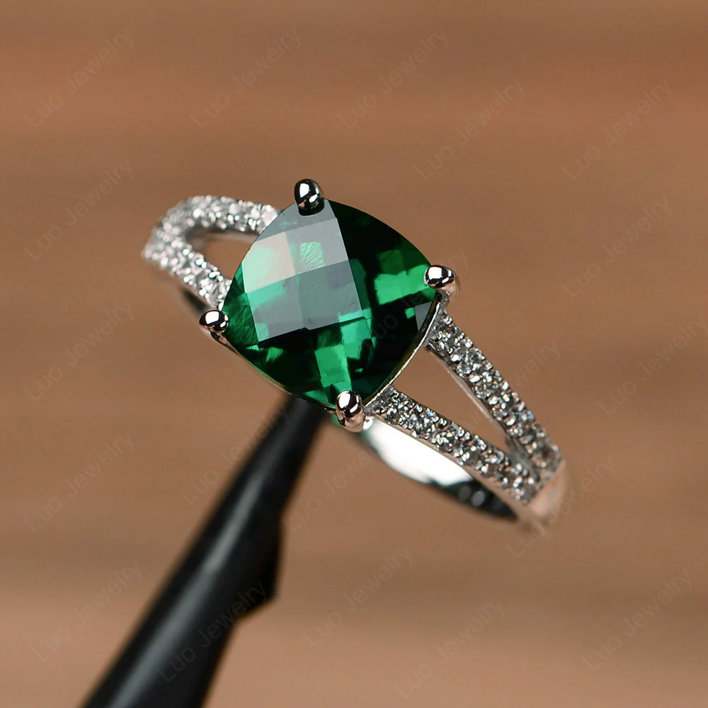 Cushion Cut Emerald Split Shank Ring