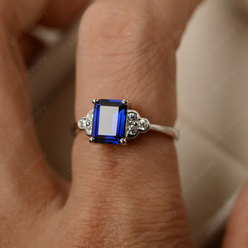 Emerald Cut Sapphire Ring with Trio - Image 4