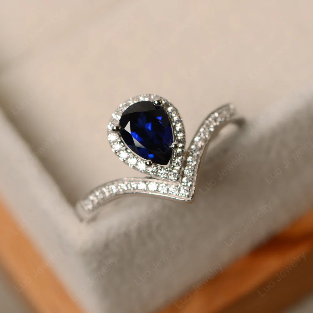 Teardrop Shaped Sapphire Chevron Ring - Image 2