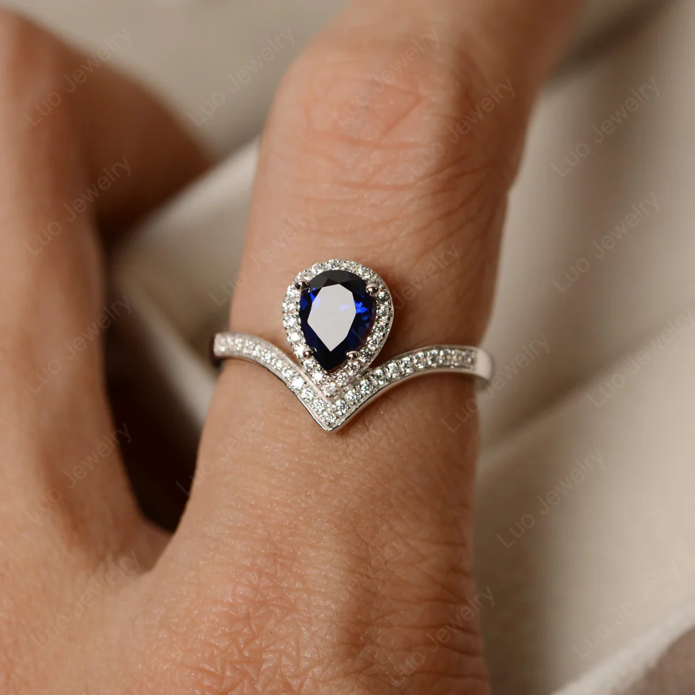 Teardrop Shaped Sapphire Chevron Ring - Image 4