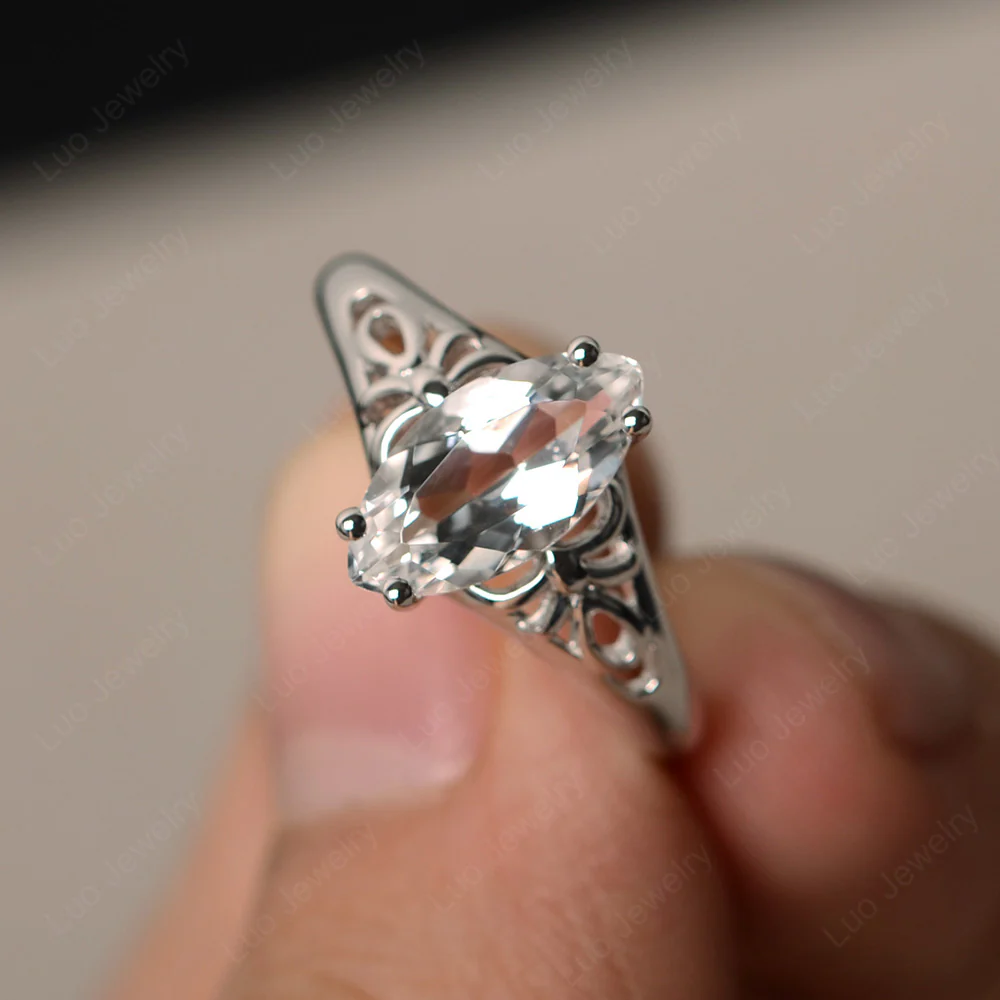 White Topaz Art Deco Solitaire Ring