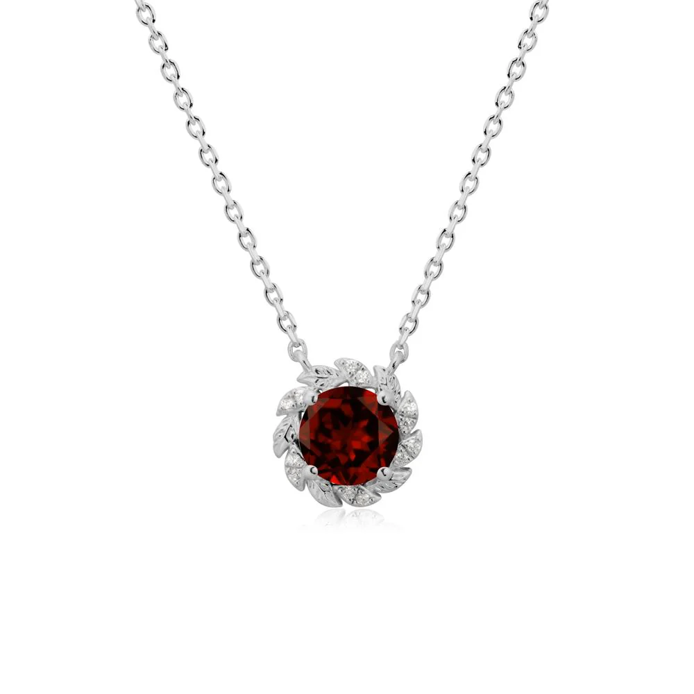 Leaf Halo Garnet Pendant Necklace