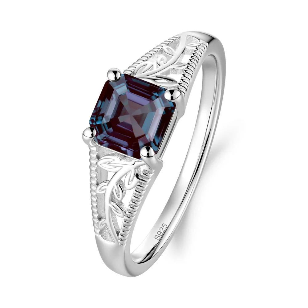 Leaf Inspired Asscher Cut Alexandrite Solitaire Ring
