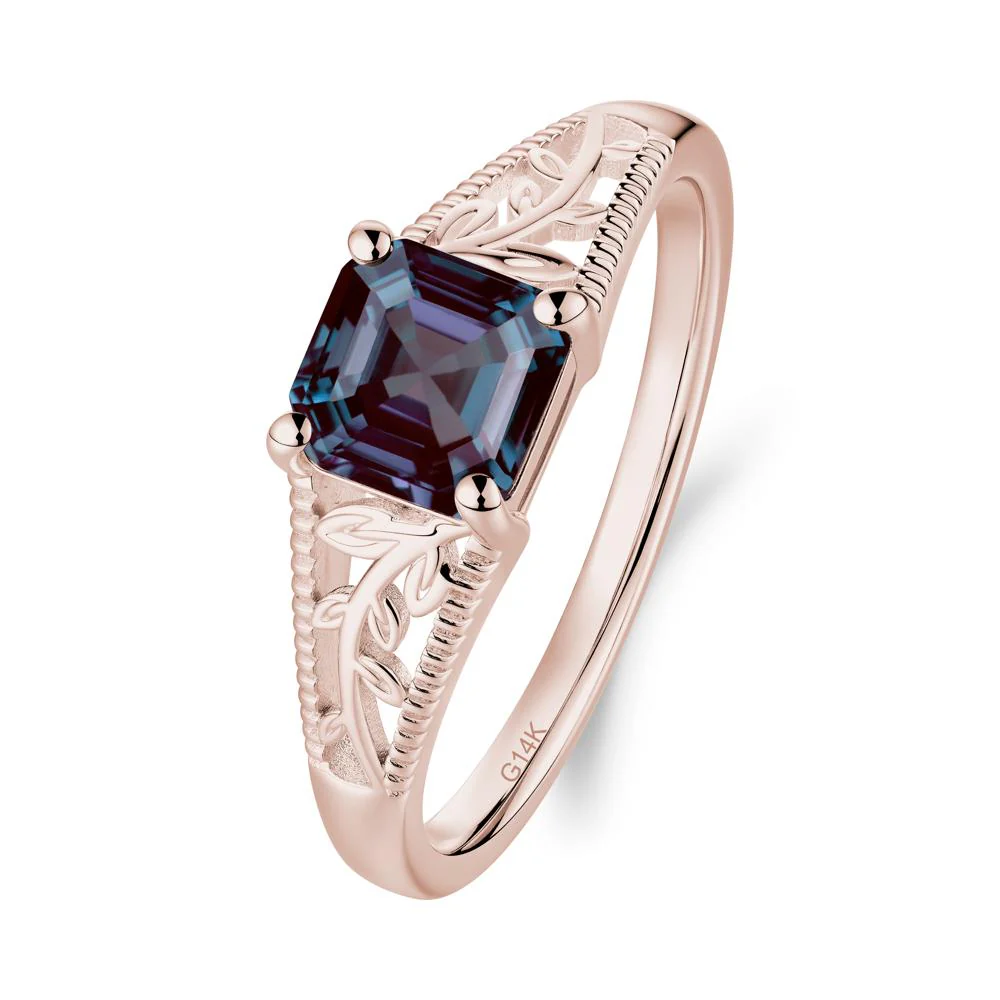 Leaf Inspired Asscher Cut Alexandrite Solitaire Ring - Image 2