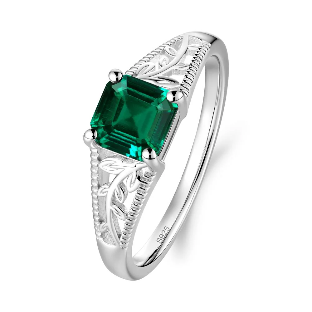 Leaf Inspired Asscher Cut Emerald Solitaire Ring - Image 5