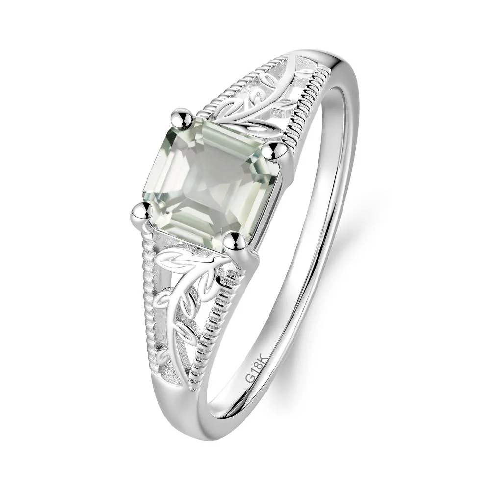 Leaf Inspired Asscher Cut Green Amethyst Solitaire Ring - Image 3