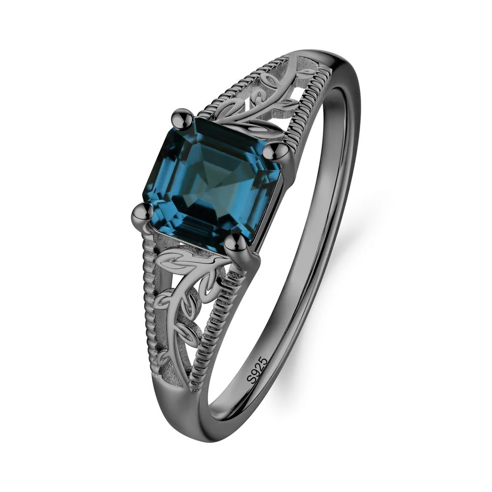 Leaf Inspired Asscher Cut London Blue Topaz Solitaire Ring - Image 2